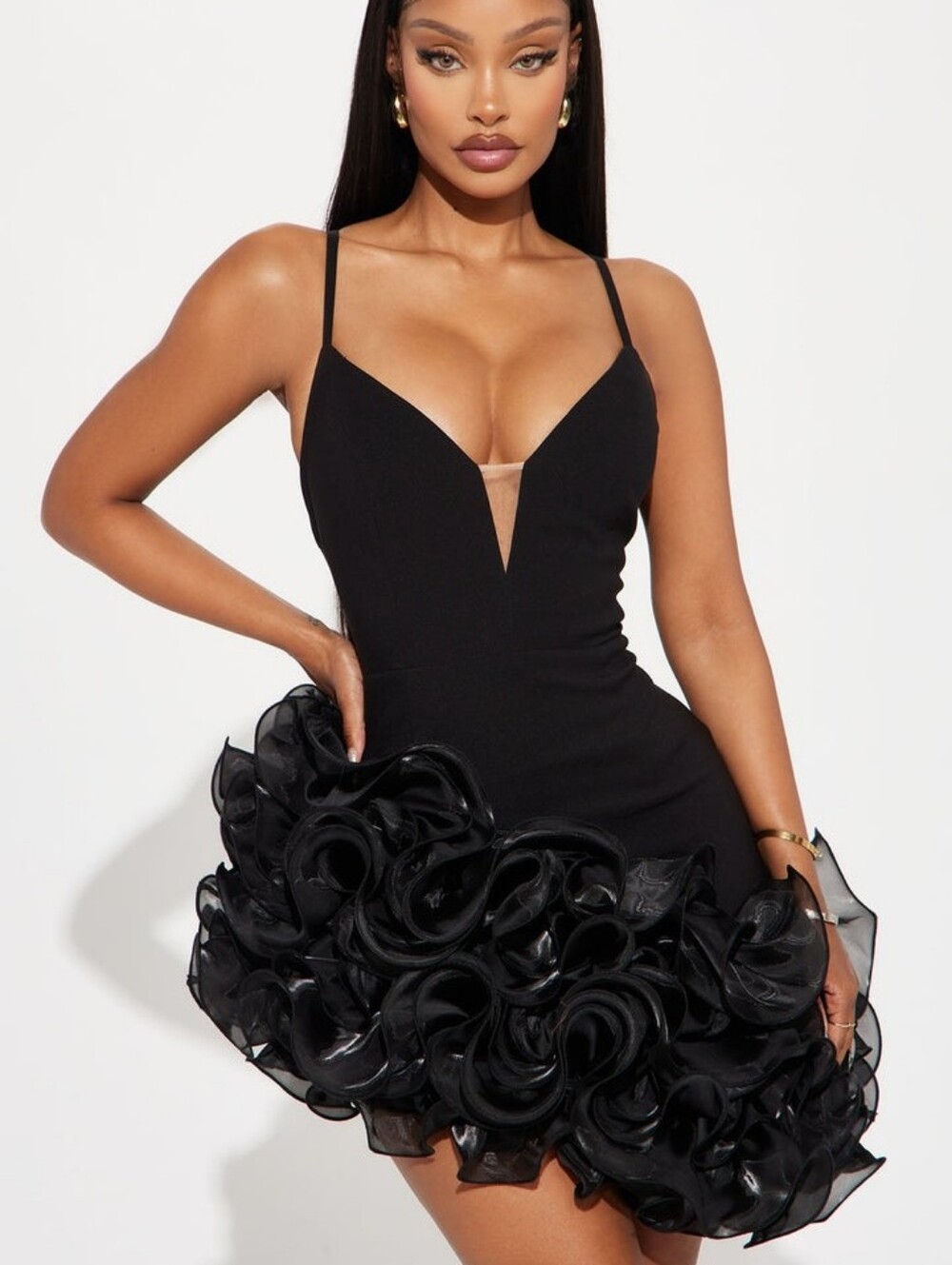 Black Ruffle Hem Spaghetti Strap Mini Dress
